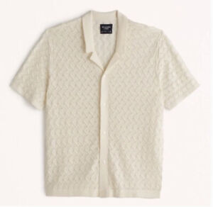 NWT Men’s SS23 Abercrombie & Fitch Crochet Button-Through Sweater Polo Off White