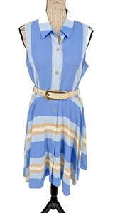 LINEN Rayon Dress Med 1.State  Blue Tan Stripe  Button Down  Full Skirt - Picture 1 of 12