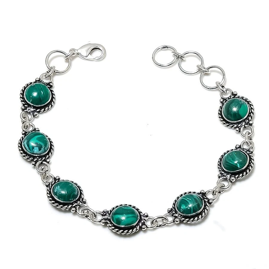 Green Malachite Gemstone Handmade 925 Sterling Silver Jewelry Bracelet Sz 7-8" - Image 1 of 1