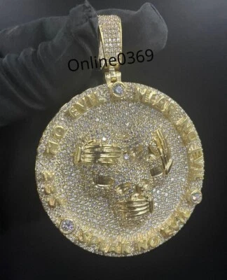 3" Wise Monkeys Hear Speak See No Evil Moissanite Pendant 925 Silver Gold Plated - Imagem 1 de 4