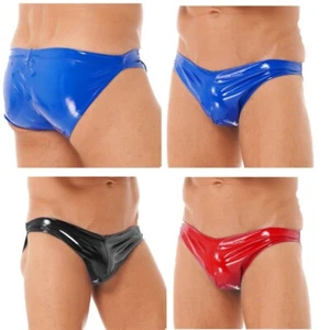 Men's Low Rise Bikini Briefs Underwear PVC Leather Underpants Wet Look Swimwear - Picture 1 of 37
