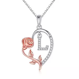 Rose Flower Pendant Heart Initial Necklaces for Women Love Heart Letter "L" - Picture 1 of 7