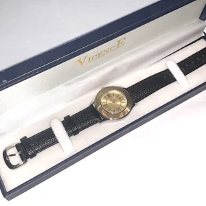 Vicence Italy 14k Yellow Gold Bezel Watch Black Pebbled Leather Band BOX - Picture 1 of 7