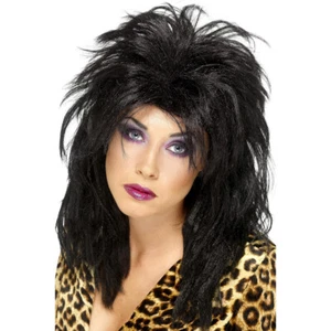 80er Jahre Perücke Rocker Schwarz Langhaar-Perücke Punk Damenperücke Rock-Star - Bild 1 von 1