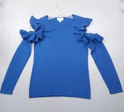 CECE 毛衣女式小号蓝色套衫露肩荷叶边弹力针织 — 第 1/4 张图片