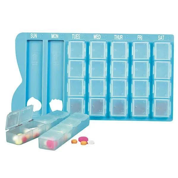 MARKENLOS Medikamenten Wochendispenser Groß 7 Tage 4 Fächer Tastsymbole Blindenschrift