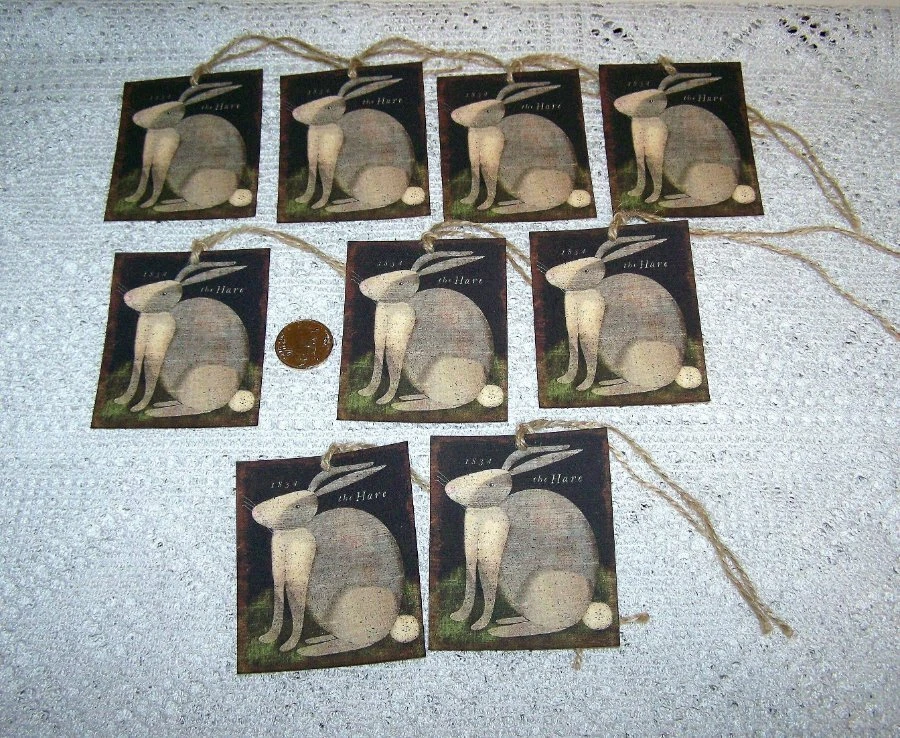 9~Easter~Primitive~Bunny~The Hare~Linen Cardstock~Gift~Hang~Tags - Image 1 of 1