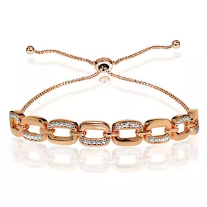 Rose Gold Flash Silver Diamond Accent Rectangle Link Adjustable Bolo Bracelet - Picture 1 of 3