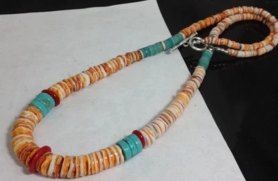 orange/white spiny oyster shell/turquoise/coral heishi necklace 22"(g180v-w1) - Image 1 of 3
