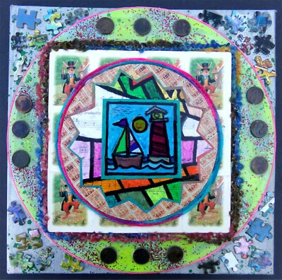 Velero Faro Sol Mar Arte Original Dibujo/Pintura/Collage/Mezcla 1/1 Firmado Foto 1 de 4