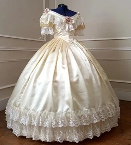 Vestido de noche victoriano medieval South Belle años 1860 de encaje manga corta - Imagen 1 de 3