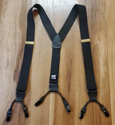 Hold Up Black Suspenders Y-Back with Leather Ends and Black Clips Gold Hardware - Image 1 of 4