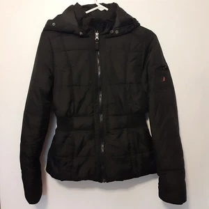 Aeropostale Puffer Jacket Womens M Black Zip Hood A87 Winter Cold Weather - Picture 1 of 10
