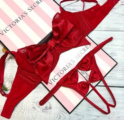 Victoria’s Secret Red Satin Bow Lingerie Set Bra & Panty Sexy - Image 1 of 4