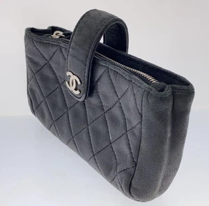 CHANEL Matelasse Pouch Black Leather Coco Mark Zipper 5.12 x 2.76 inch Authentic - Picture 1 of 8