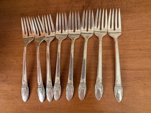 8-VINTAGE FIRST LOVE ROGERS BROS 1847 SILVERPLATE SALAD FORKS 6-3/4" - Picture 1 of 4
