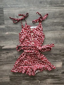 Bailey's Blossoms Red and White Heart Print Romper with Ruffled Details - Picture 1 of 5