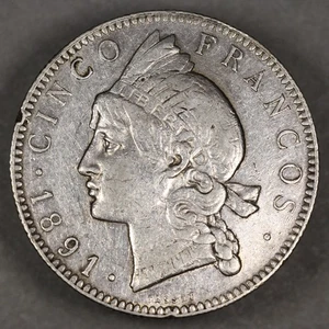 1891 Dominican Republic Silver 5 Francos - Picture 1 of 2