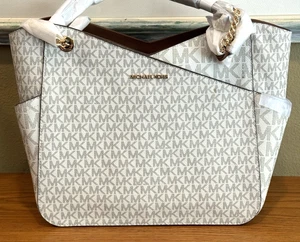MICHAEL KORS JET SET TRAVEL LARGE X CHAIN SHOULDER TOTE BAG MK VANILLA LOGO GOLD - Picture 1 of 19
