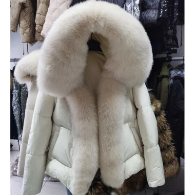 Mujeres Invierno Cuello de Piel Natural Chaquetas con Capucha Blanco Pato Plumón Forro Abrigos Cálidos Foto 1 de 4