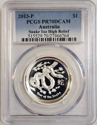 2013 Australia 1 oz High Relief Proof Silver Coin Snake PCGS PR70 DCAM - Image 1 of 2