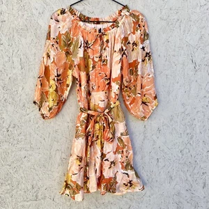 NWT MINKPINK Thalia Boho Floral Puff Sleeve Tie Waist Ruffle Mini Dress Sz S - Picture 1 of 8