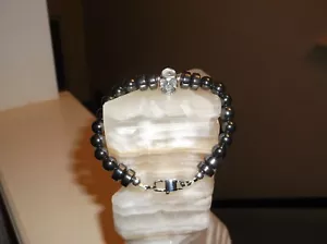 MEN'S HANDMADE 8 3/4 " 8 MM BLK HEMATITE GLASS SKULL HEAD STERLING SILVER BRACEL - Picture 1 of 9
