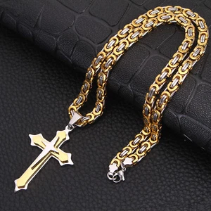 Herren Edelstahl Kreuz Anhänger Gold Silber Schwarz Halskette Byzantiner Kette - Bild 1 von 11