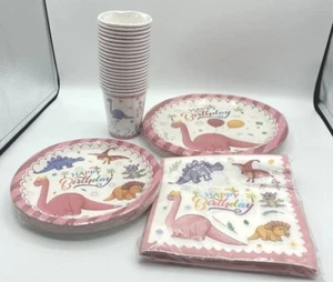Pink Dinosaur Birthday Party Supplies Serves 20 Guests Plates Napkins Cups - Picture 1 of 9