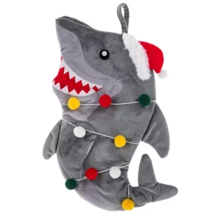 Shark Santa themed Christmas Stocking 17.5" Great white gray plush mantle decor - Picture 1 of 3