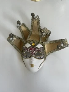 Venetian Masquerade Wall Mask Jester Porcelain Face 5 Point Bells Gold White Red - Picture 1 of 9