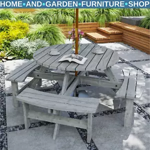 Outdoor Wooden Picnic Table with Bench 8 Seater Parasol Hole Grey Patio Round - Picture 1 of 14