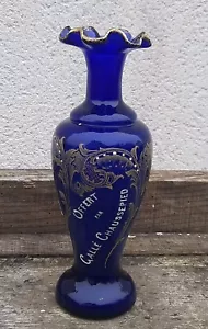 ANCIEN VASE PUBLICITAIRE LEGRAS EN VERRE BLEU COBALT ÉMAILLÉ - Imagen 1 de 17
