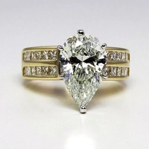 Gorgeous 3Ct Pear Cut Simulated Diamond Engagement Ring 14K Yellow Gold Plated - Picture 1 of 9
