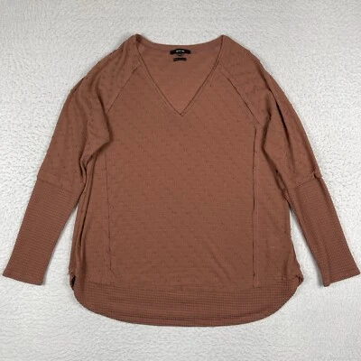 Miss Me Shirt Womens Large Pink Dot Top Layered Look Waffle Knit Sleeve Casual - Image 1 of 4