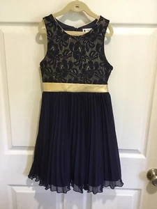 Vestido Emily West Niña Talla 8 Sin Mangas Azul Marino Oscuro Dorado Brillante Plisado Forrado - Imagen 1 de 9