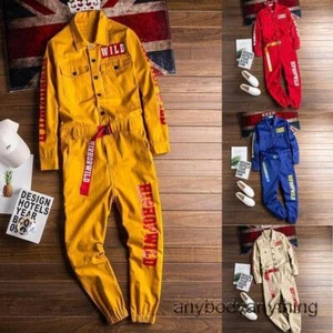 Custom Mens Overalls Jumpsuit Coverall Long Sleeve Button Casual Romper Trousers - Picture 1 of 23