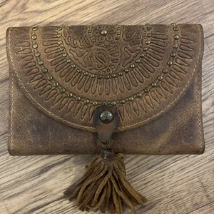 Patricia Nash Wallet Clutch Italian Leather Brown / Gold Brass Rivets Beautiful - Picture 1 of 14