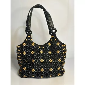 VTG Y2K Boho Style Nine West Handcrafted Black Tan Wood Bead Flower Bag - Picture 1 of 10
