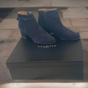 Talbots Women's Ankle Boots Harlow Indigo Blue Suede Zip 2" Block Heel Side Bow