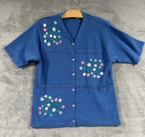 Vintage 90s Grandma Sweater Cardigan Embroidered Small Knit Retro Cottagecore - Picture 1 of 8