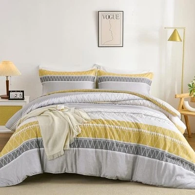  Juego de edredón King - Edredón gris amarillo, juego de cama reversible boho a rayas  Foto 1 de 4
