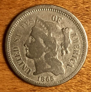 1865 3 Cent Nickel Bürgerkrieg Ära Silber Erstjahresausgabe Philadelphia Münze - Bild 1 von 2