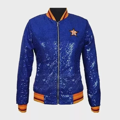 Chaqueta de béisbol universitaria brillante con lentejuelas azules Houston Astro para mujer Foto 1 de 3