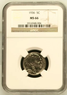 1936 Circulated Buffalo Nickel 5c Coin NGC Certified MS66 Philadelphia Mint - Image 1 of 2