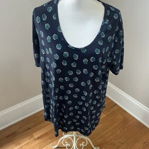 Lands End Top Damen 1X Blau Blockprint Blumen Kurzarm Tunika Baumwolle - Bild 1 von 6