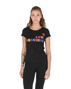 Love Moschino Rainbow Logo Tee Short Sleeve Crew Neck Women Black T-Shirts - Picture 1 of 4