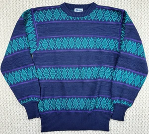 Vintage Meister Ski Sweater Mens M Blue Teal Knit Wool Acrylic Fair Isle Diamond - Picture 1 of 11