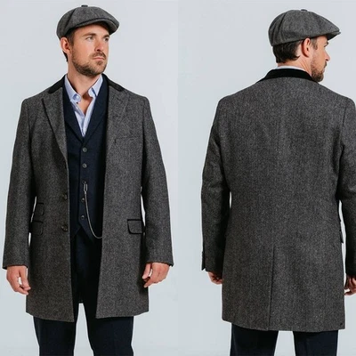 Herringbone Wool Blend Tweed Men Overcoat Long Coats Double Breasted Notch Lapel - Image 1 of 4
