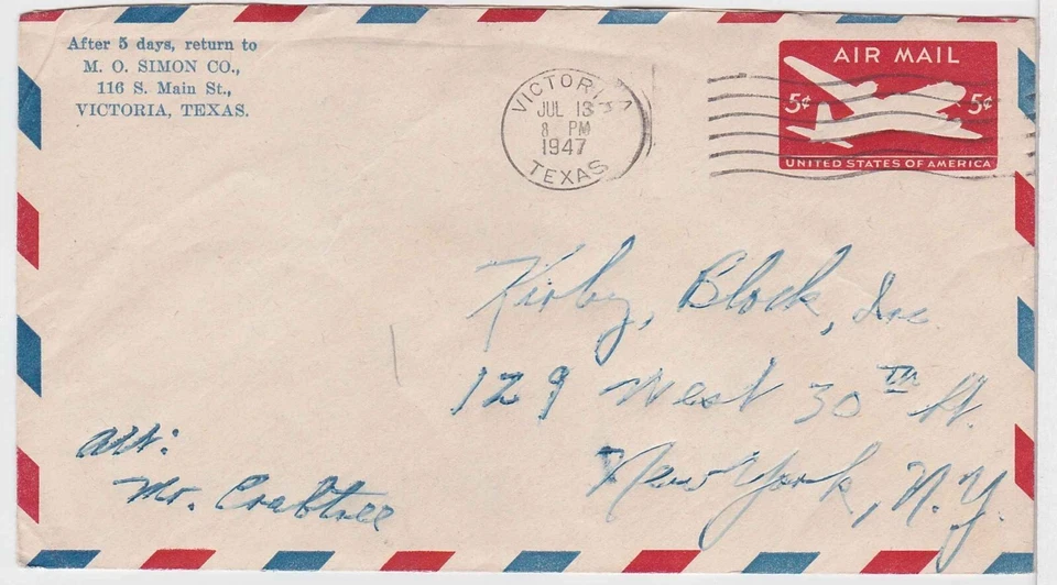 TurtlesTradingPost- Victoria, TX 1947- Airmail Stationary to New York City - Image 1 of 1